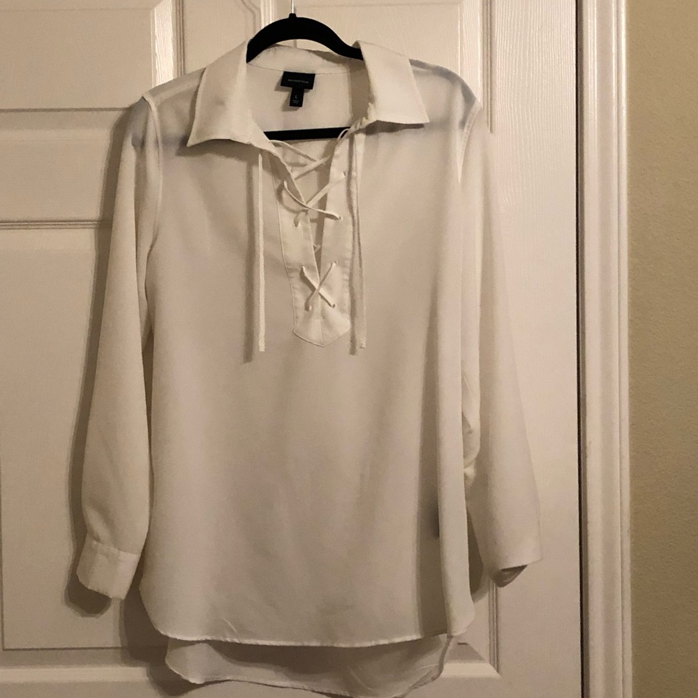 White Long Sleeve Blouse with Lace up Accent